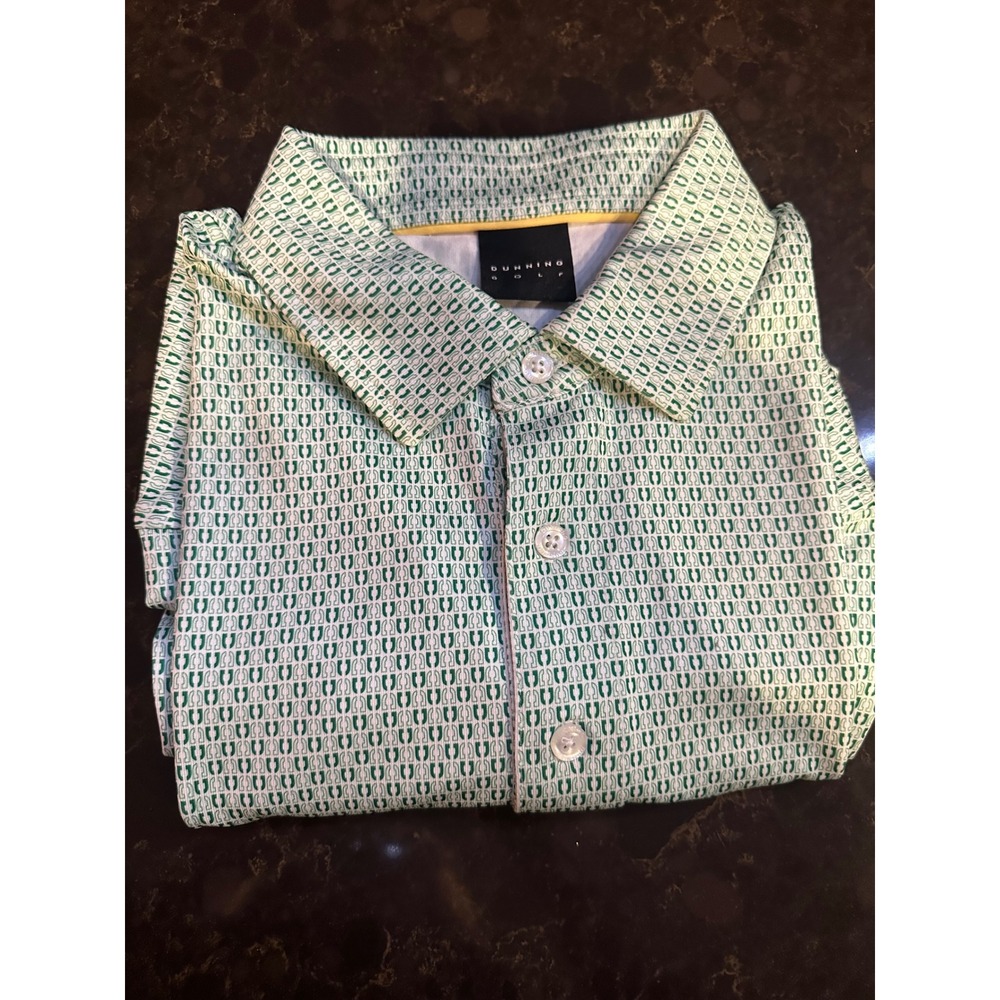 Dunning Golf Mens Small Polo Shirt Green White Geometric Print Short Sleeve S